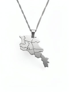 Silver plated map of Armenia pendant on a chain with Armenian script engraving across the front in a detailed geographic design