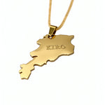 Gold plated Armenia map pendant necklace on a chain with KIRO engraving in raised lettering and a distinctive cultural statement design