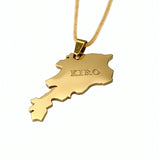 Gold plated Armenia map pendant necklace on a chain with KIRO engraving in raised lettering and a distinctive cultural statement design