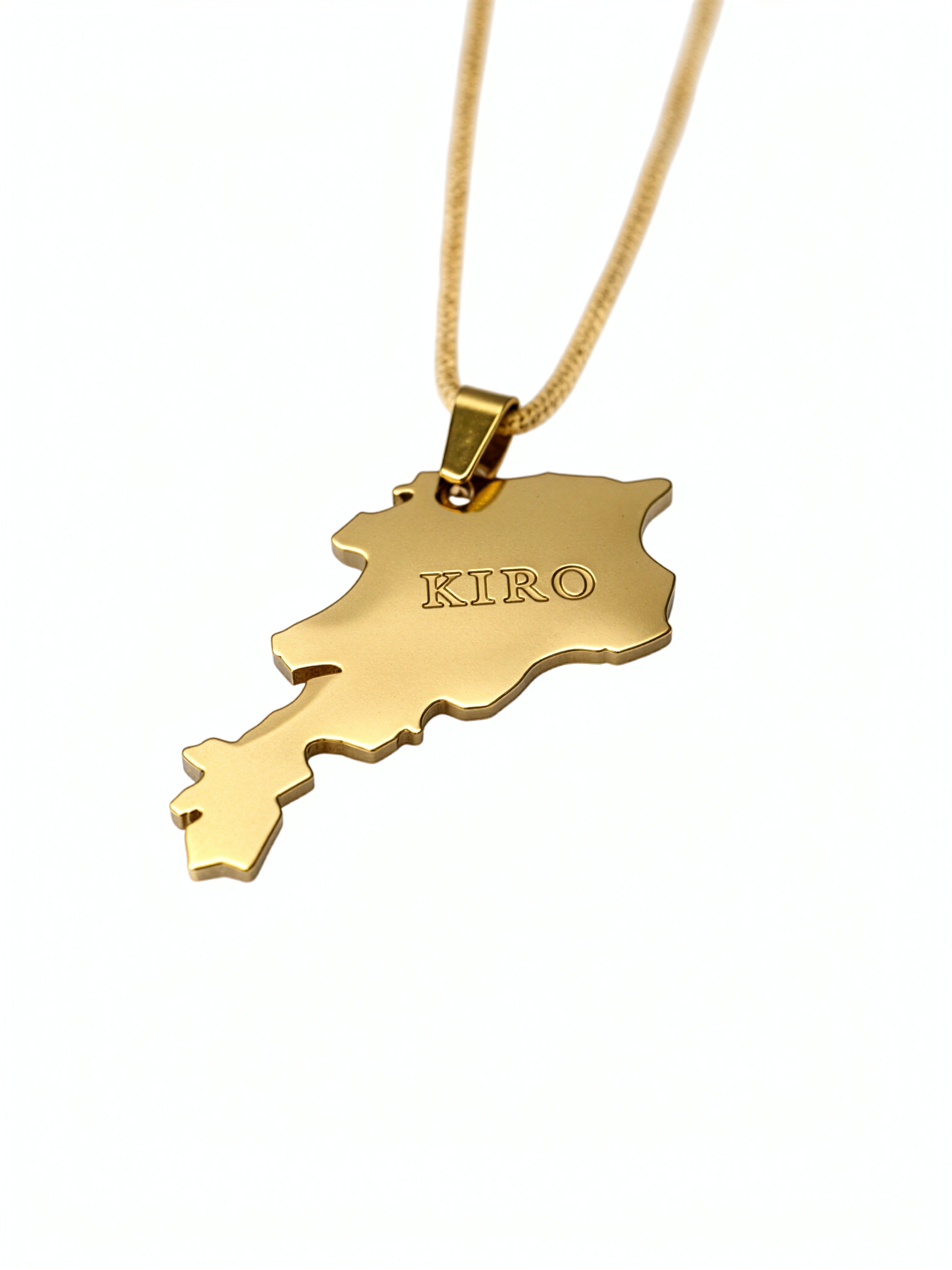 Gold plated Armenia map pendant necklace on a chain with KIRO engraving in raised lettering and a distinctive cultural statement design
