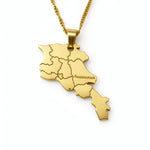 Gold plated Armenia map pendant necklace with Armenian engraving and detailed regional borders on a chain from KIRO UK