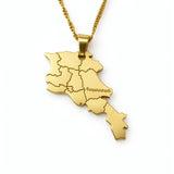 Gold plated Armenia map pendant necklace with Armenian engraving and detailed regional borders on a chain from KIRO UK