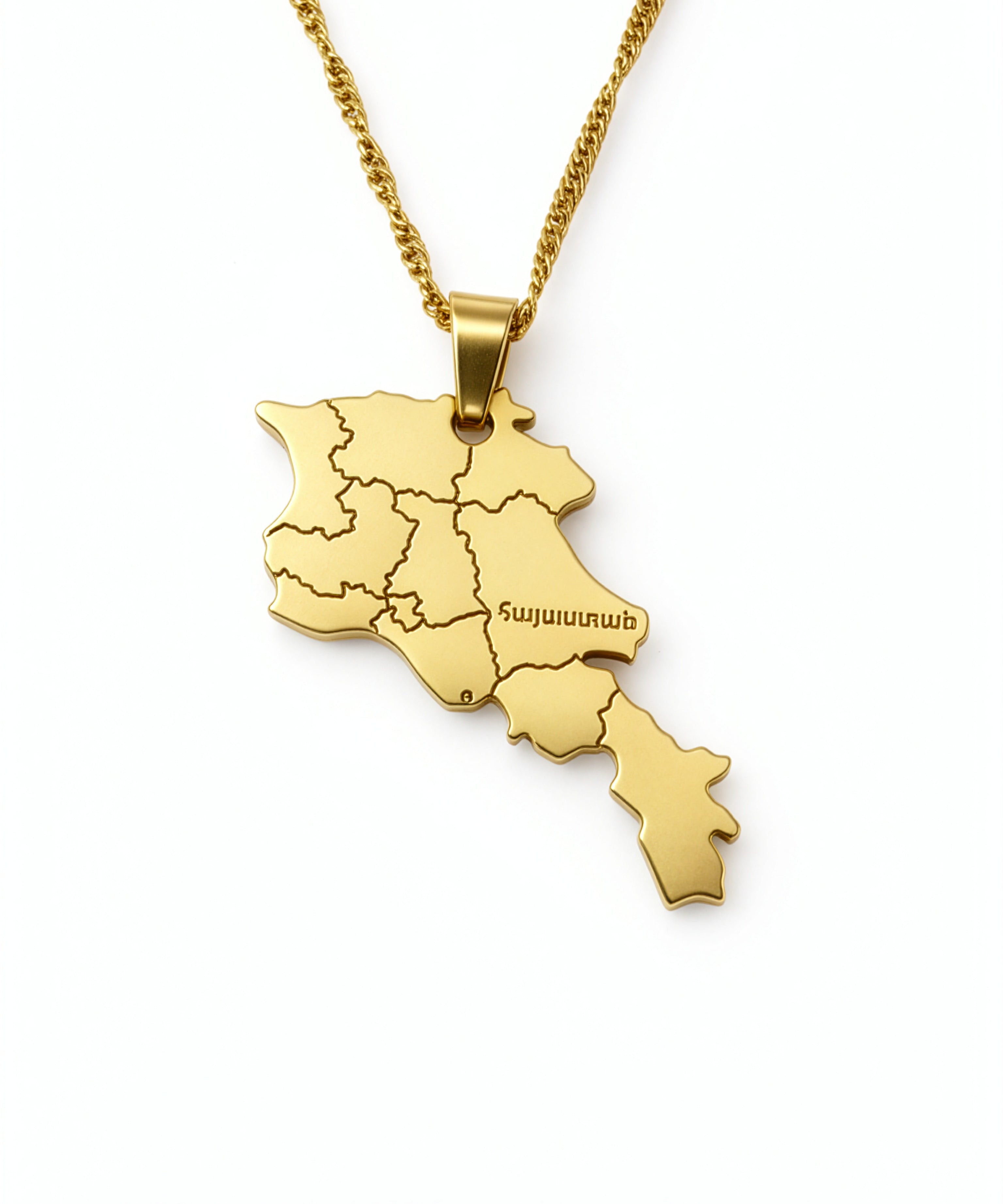 Gold plated Armenia map pendant necklace with Armenian engraving and detailed regional borders on a chain from KIRO UK