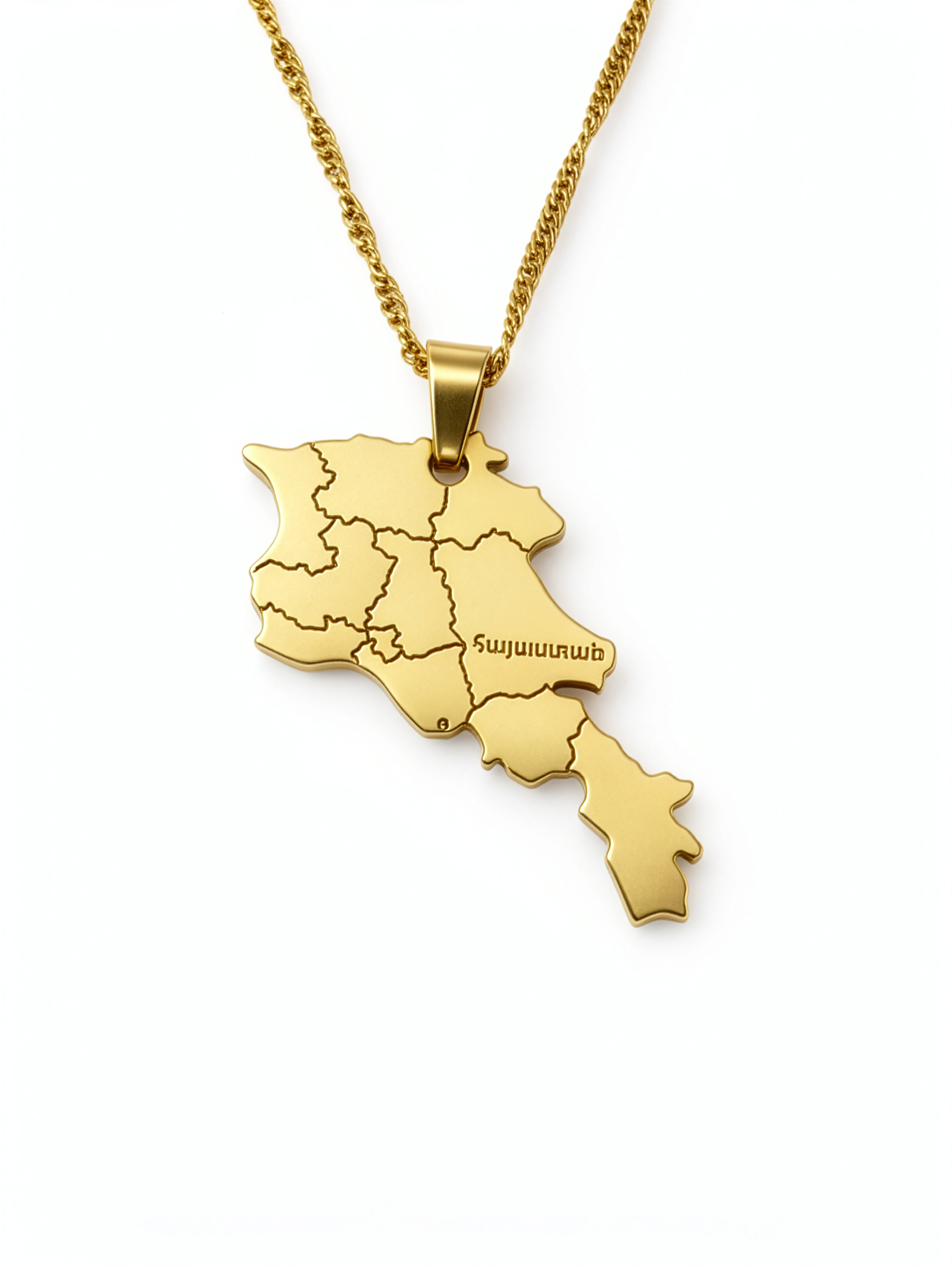 Gold plated Armenia map pendant necklace with Armenian engraving and detailed regional borders on a chain from KIRO UK