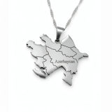 Silver plated Azerbaijan map pendant necklace on a chain against a white background representing cultural pride from KIRO UK