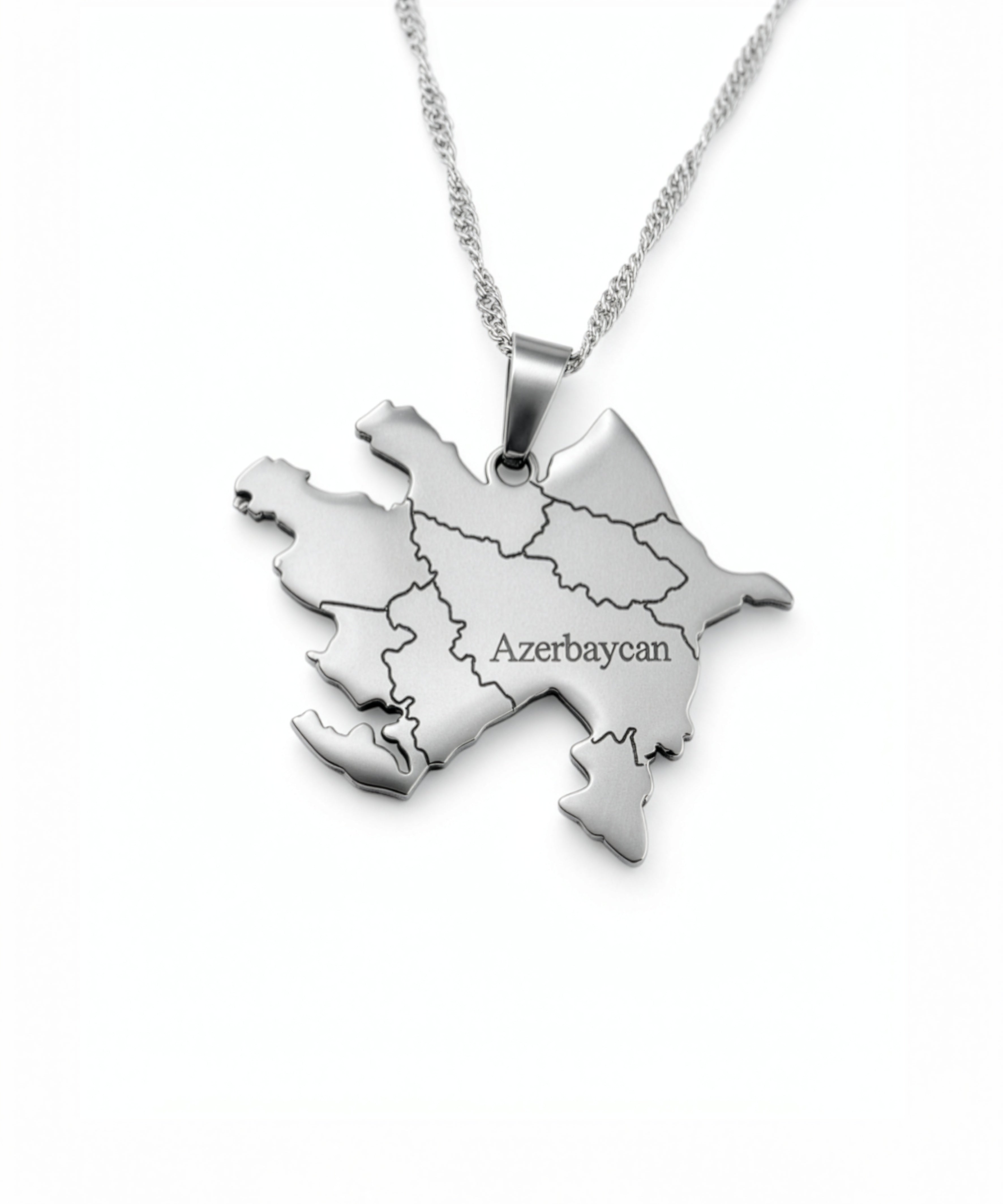 Silver plated Azerbaijan map pendant necklace on a chain against a white background representing cultural pride from KIRO UK