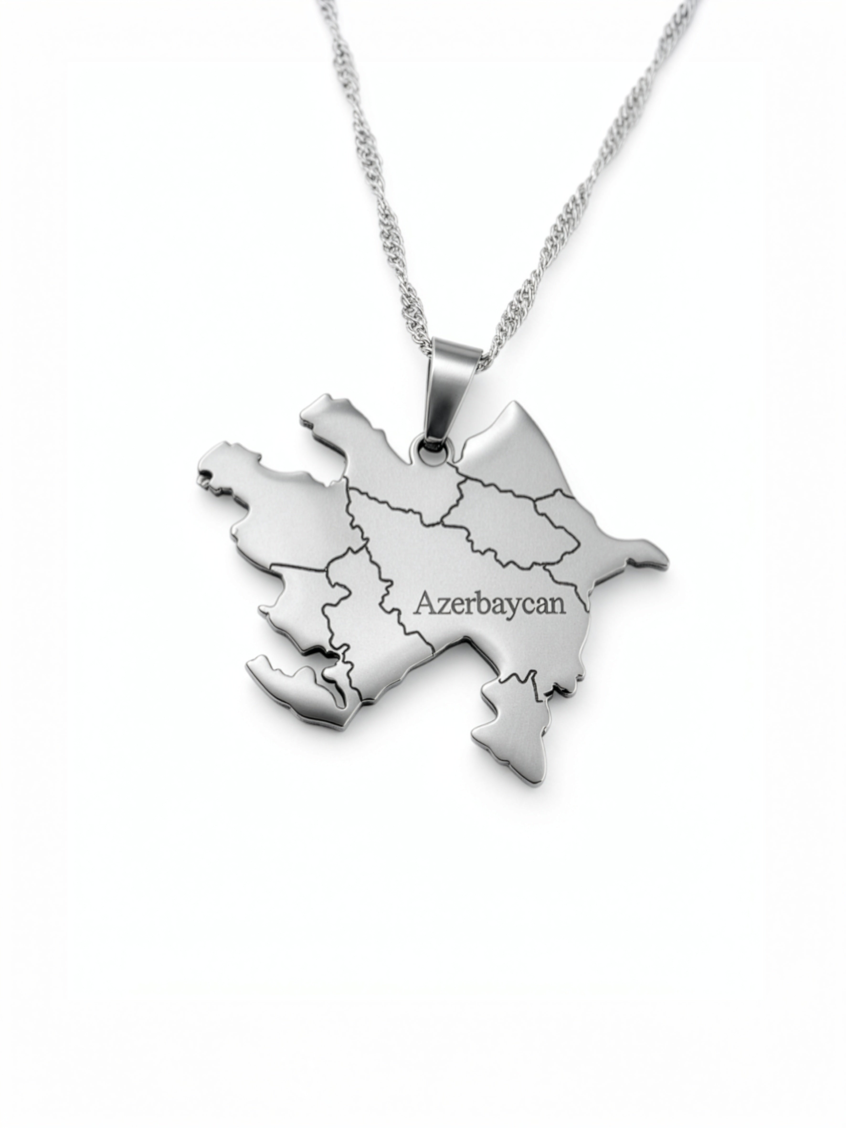 Silver plated Azerbaijan map pendant necklace on a chain against a white background representing cultural pride from KIRO UK