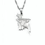 Silver plated Bangladesh map necklace with Bengali engraving on a chain, celebrating national pride against a white background