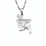 Silver plated Bangladesh map necklace with Bengali engraving on a chain, celebrating national pride against a white background