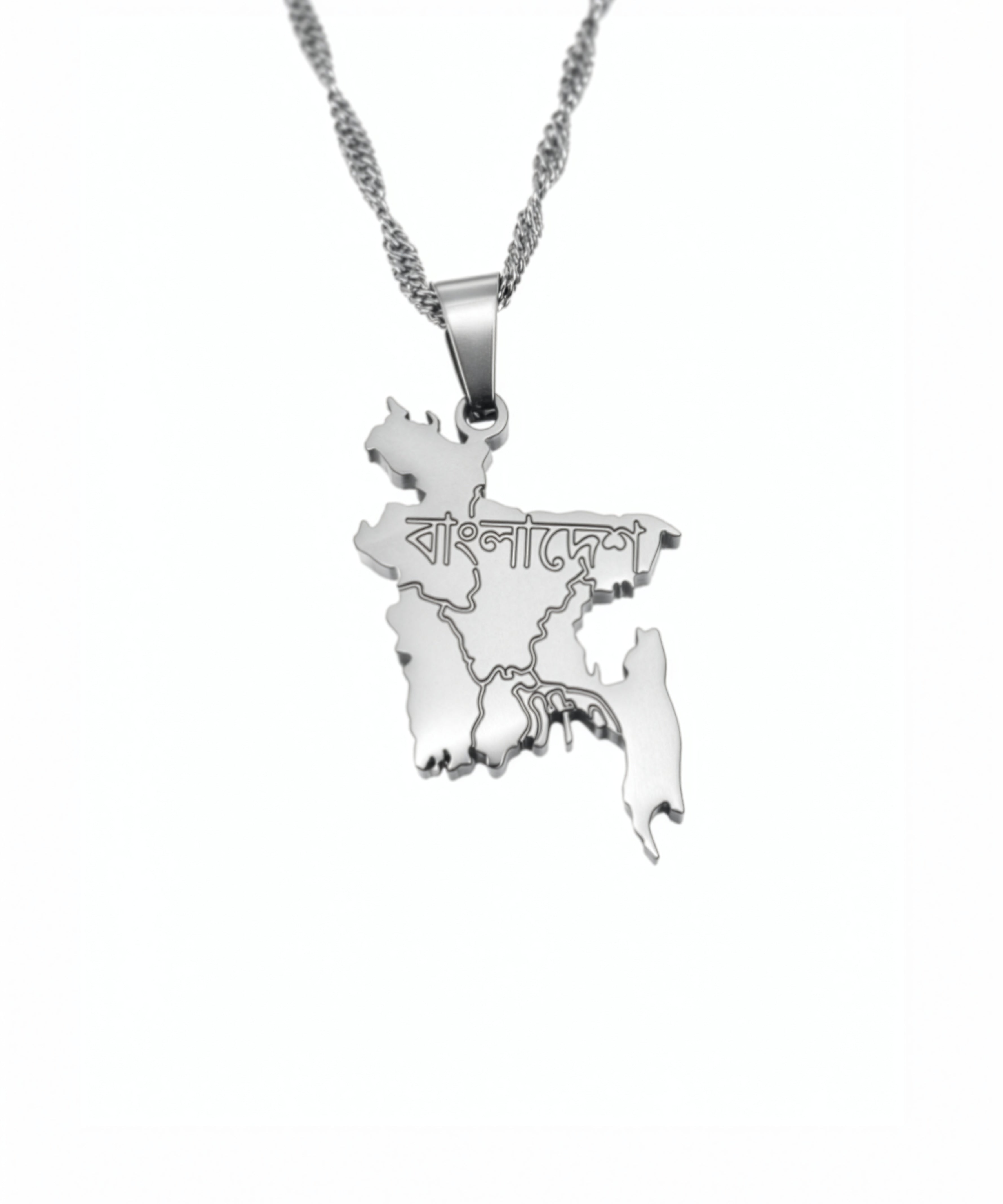 Silver plated Bangladesh map necklace with Bengali engraving on a chain, celebrating national pride against a white background