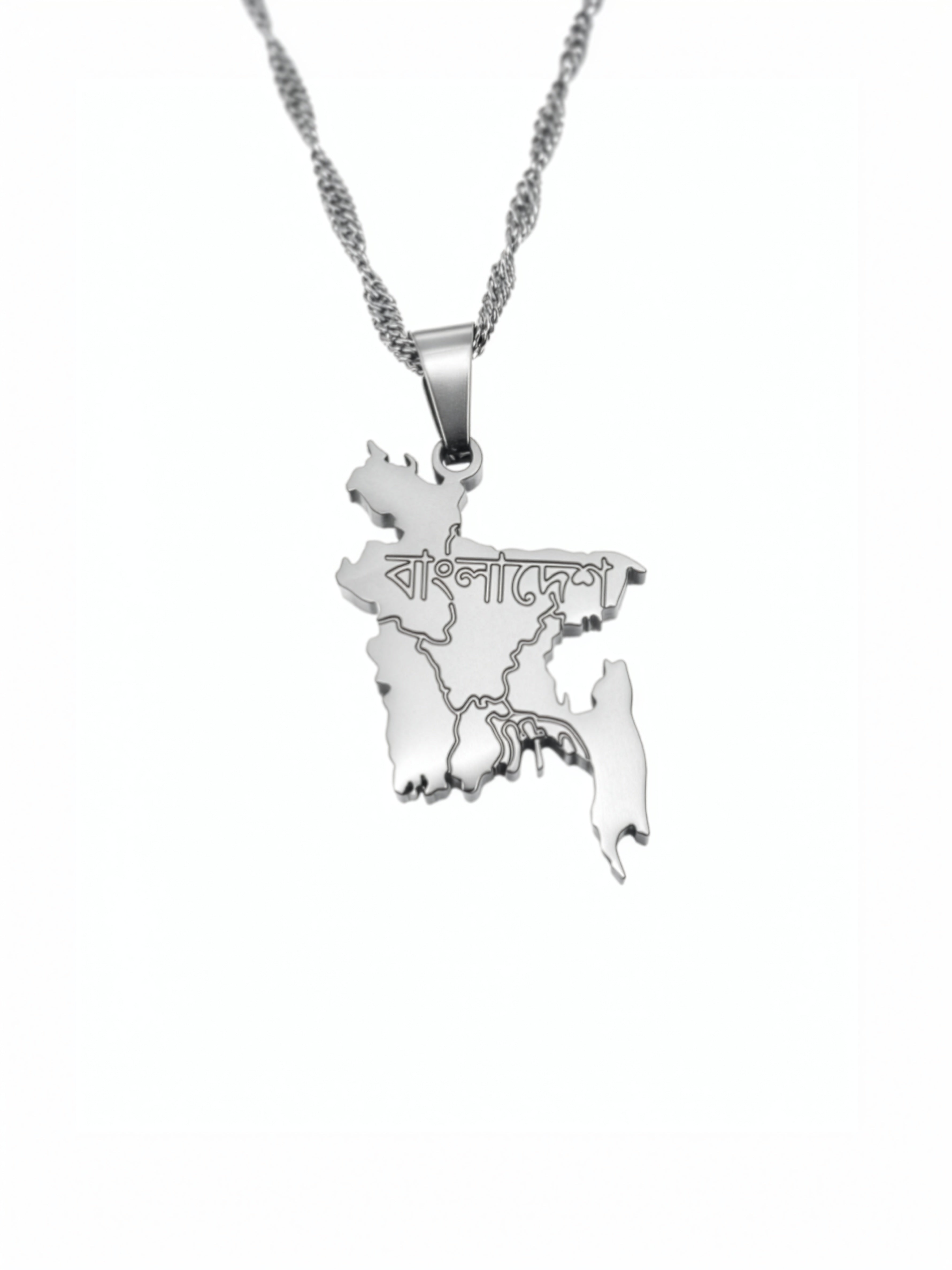 Silver plated Bangladesh map necklace with Bengali engraving on a chain, celebrating national pride against a white background
