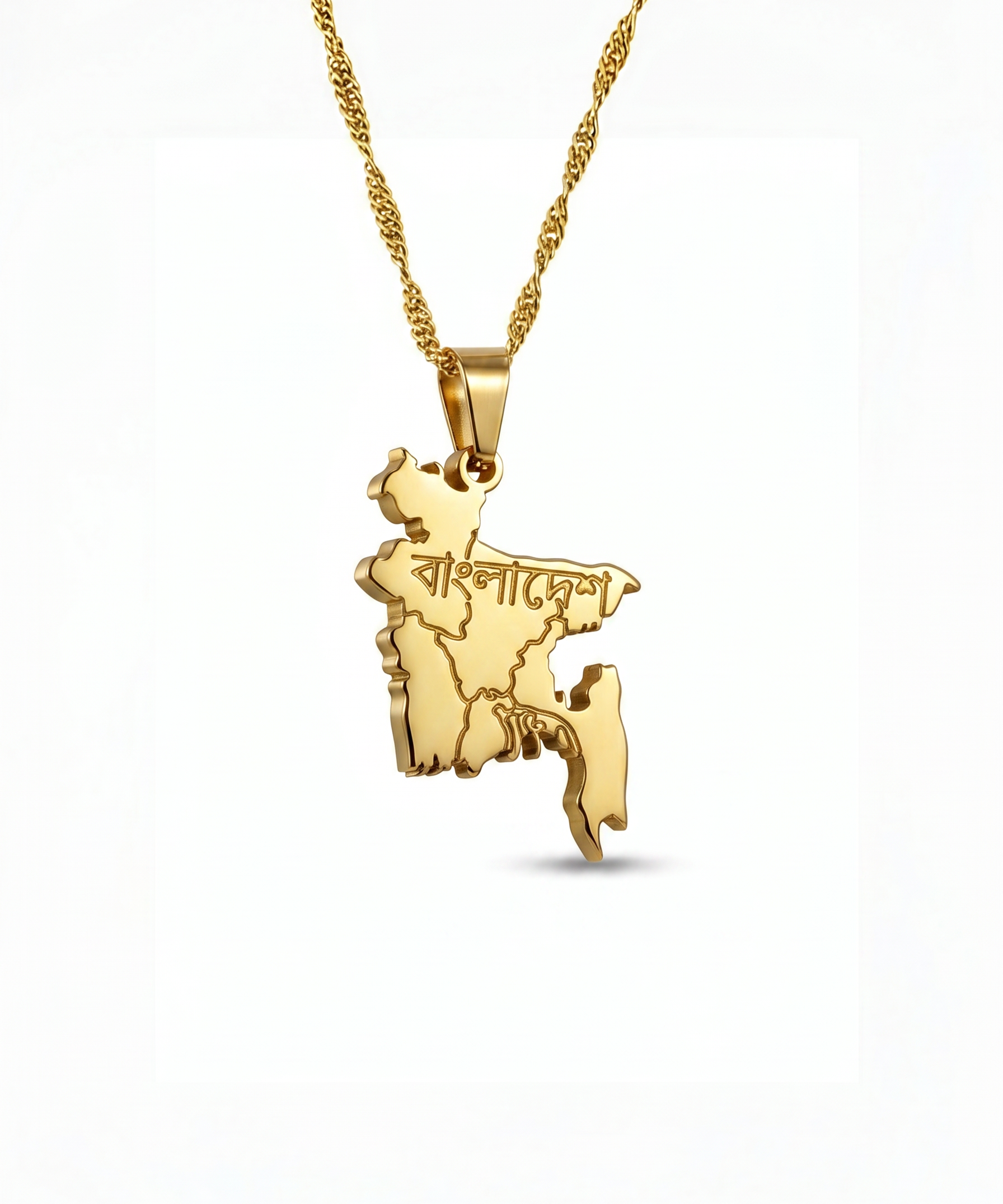 Gold plated Bangladesh map necklace with Bengali engraving reading Bangladesh on a twisted chain celebrating national pride