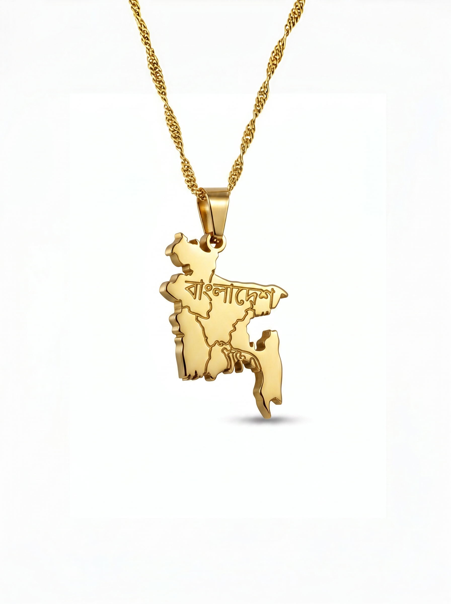 Gold plated Bangladesh map necklace with Bengali engraving reading Bangladesh on a twisted chain celebrating national pride