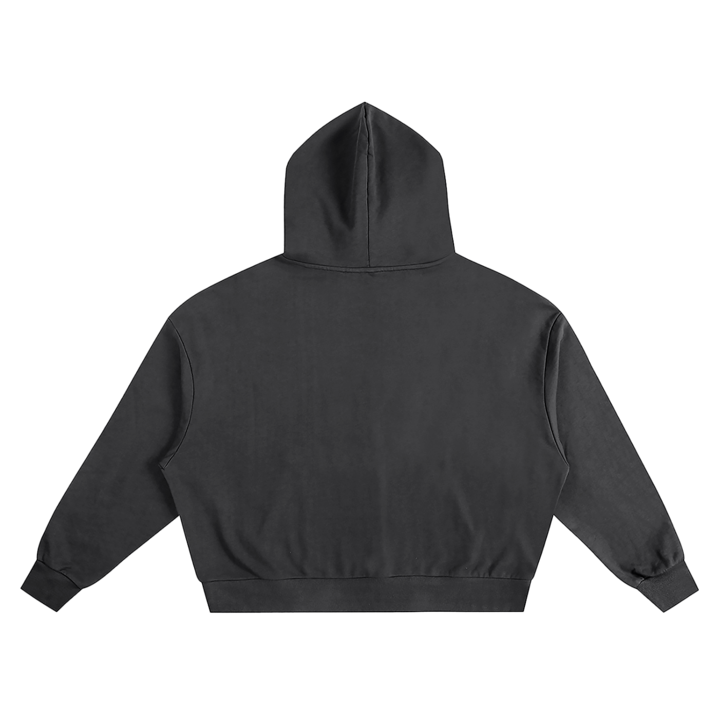 Black oversized cotton hoodie shown from the back with an extra large hood and ribbed cuffs by KIRO from the Clothing collection