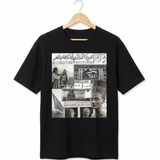 Black Egyptian collage cotton T shirt on a hanger featuring Queen Nefertiti Egyptian currency historical newspaper imagery and heritage graphics from KIRO Clothing