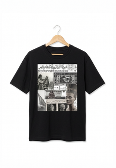 Black Egyptian collage cotton T shirt on a hanger featuring Queen Nefertiti Egyptian currency historical newspaper imagery and heritage graphics from KIRO Clothing