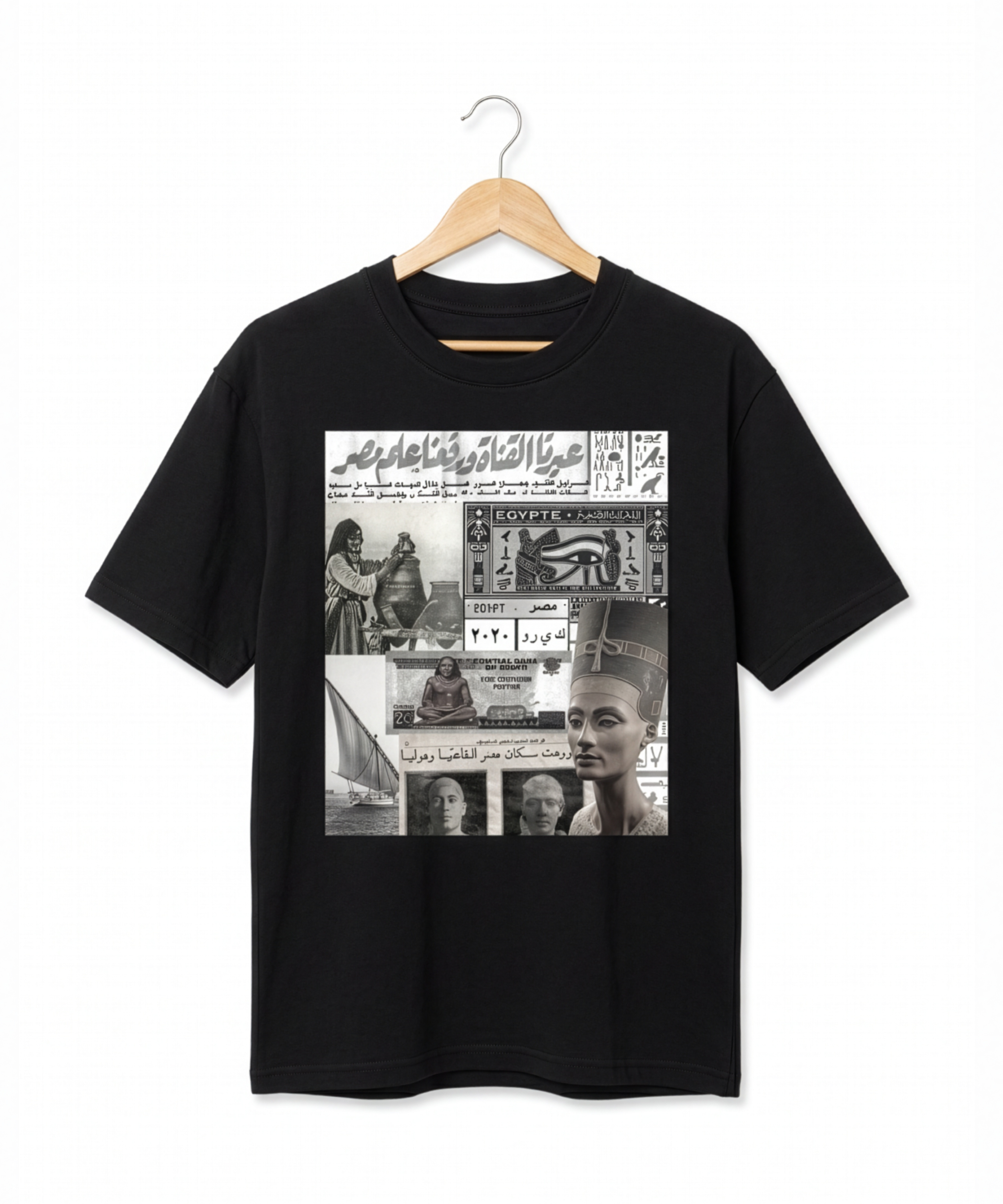 Black Egyptian collage cotton T shirt on a hanger featuring Queen Nefertiti Egyptian currency historical newspaper imagery and heritage graphics from KIRO Clothing