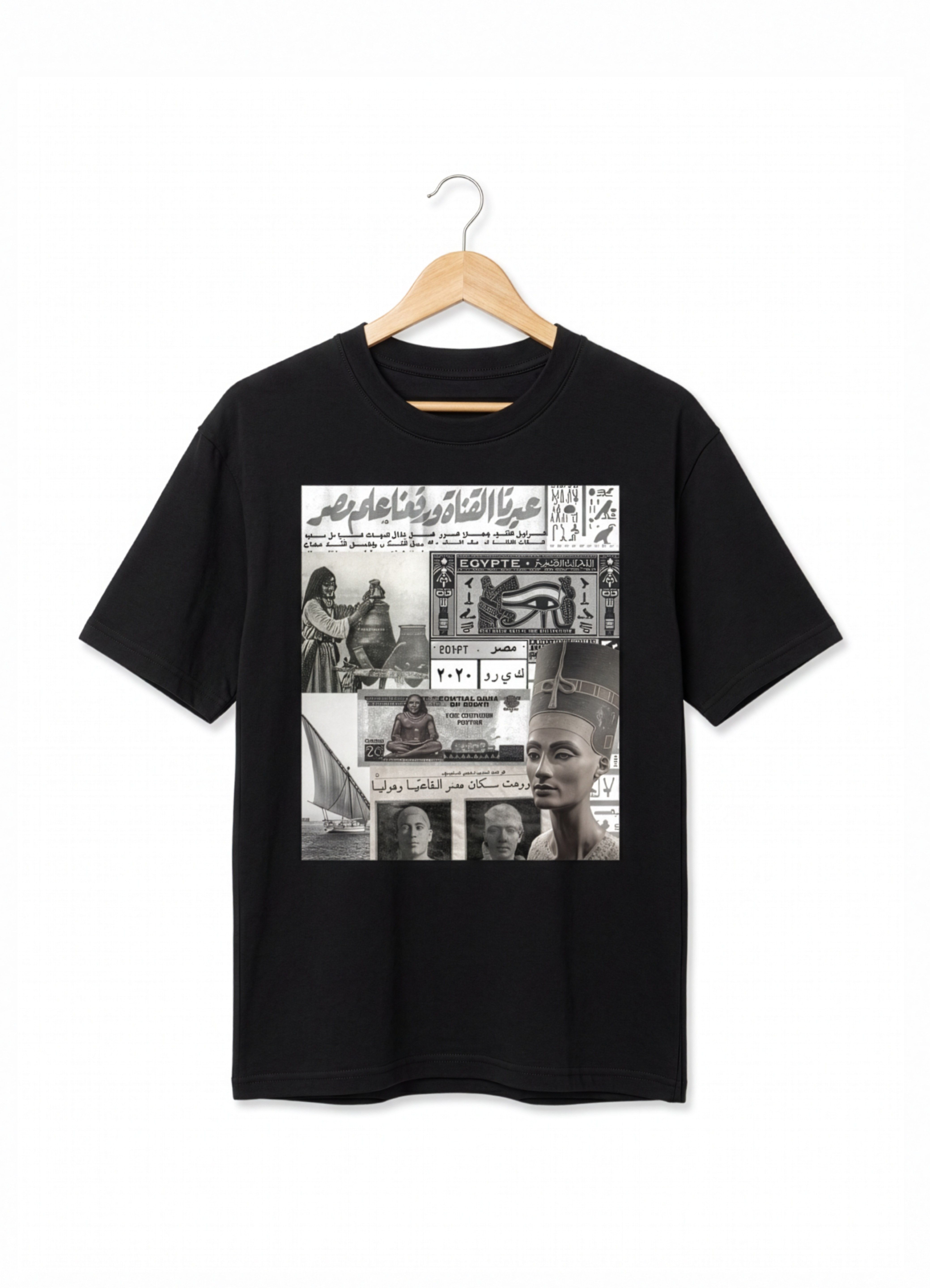 Black Egyptian collage cotton T shirt on a hanger featuring Queen Nefertiti Egyptian currency historical newspaper imagery and heritage graphics from KIRO Clothing
