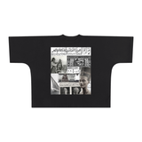 Black Egyptian collage cotton T shirt featuring a felukah Queen Nefertiti Egyptian banknote postal stamp licence plate and 6 October War headline by KIRO Clothing