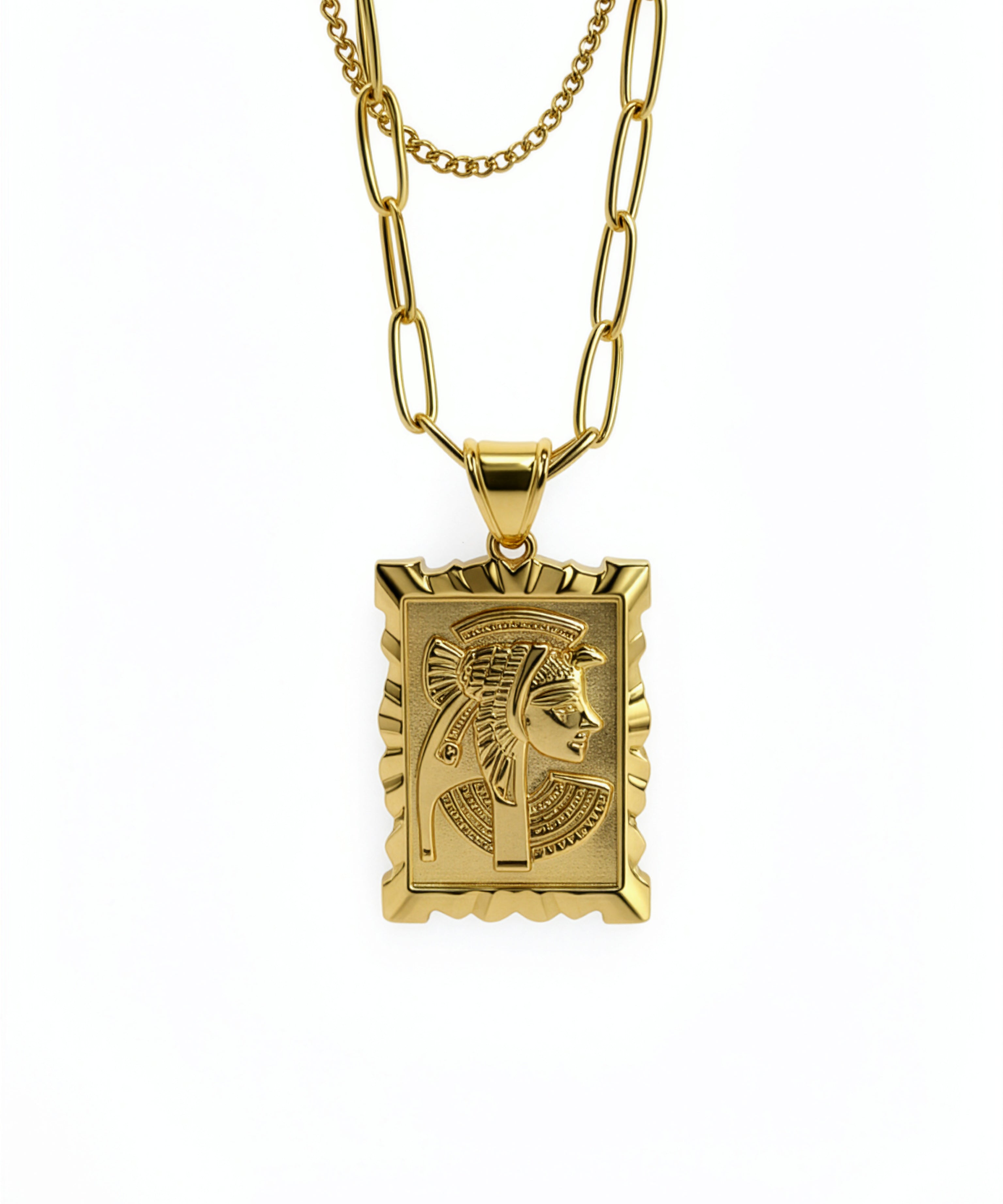 Gold Cleopatra portrait pendant on a double layer chain by KIRO UK from the Egyptian Collection