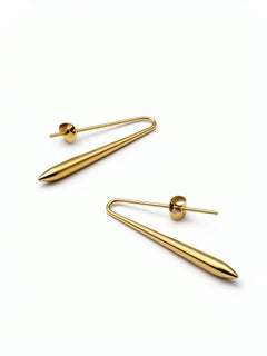 Pair of 18k gold plated needle shaped earrings with sleek tapered drops from KIRO UK Earrings collection inspired by Egyptian obelisks