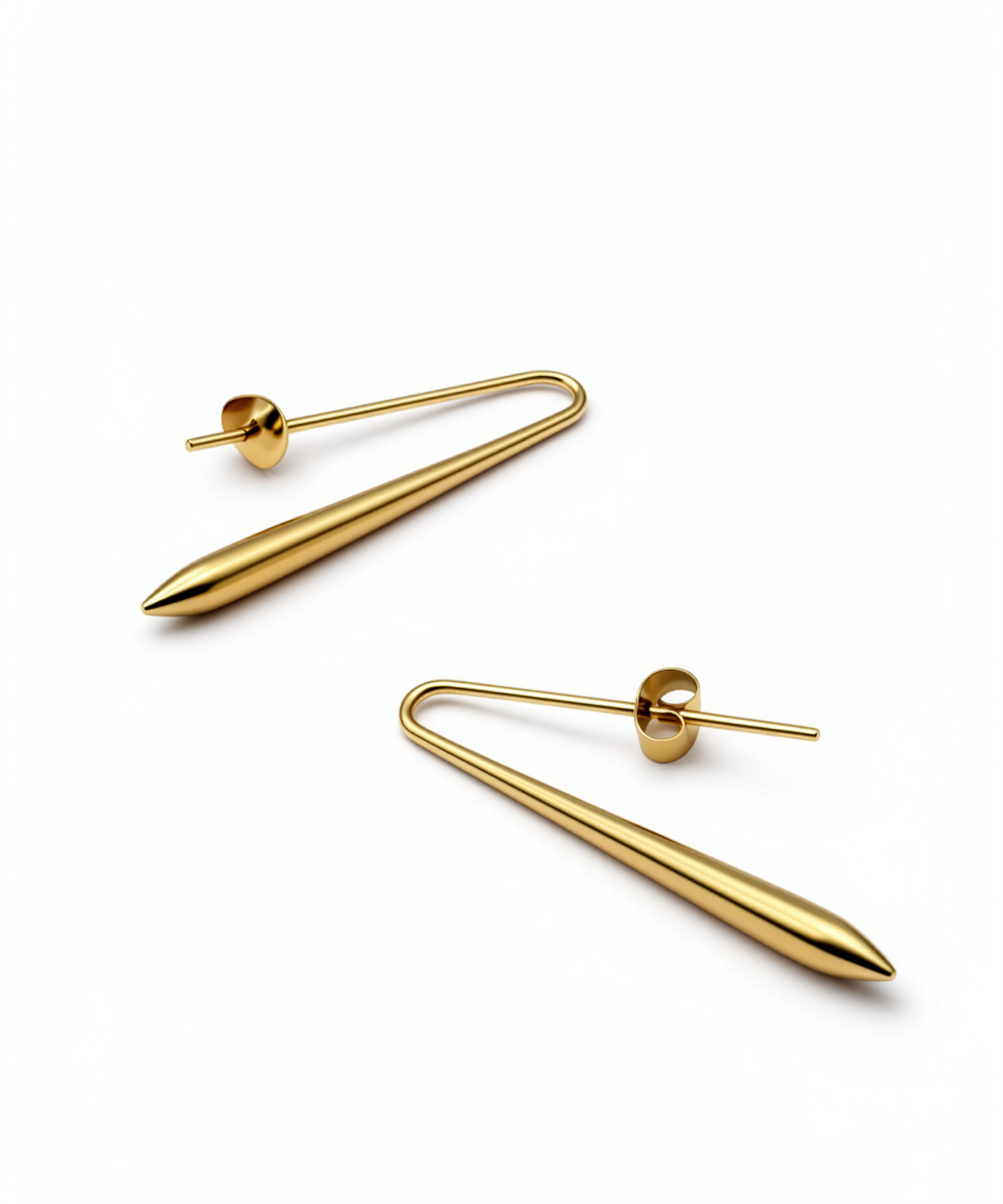Pair of 18k gold plated needle shaped earrings with sleek tapered drops from KIRO UK Earrings collection inspired by Egyptian obelisks