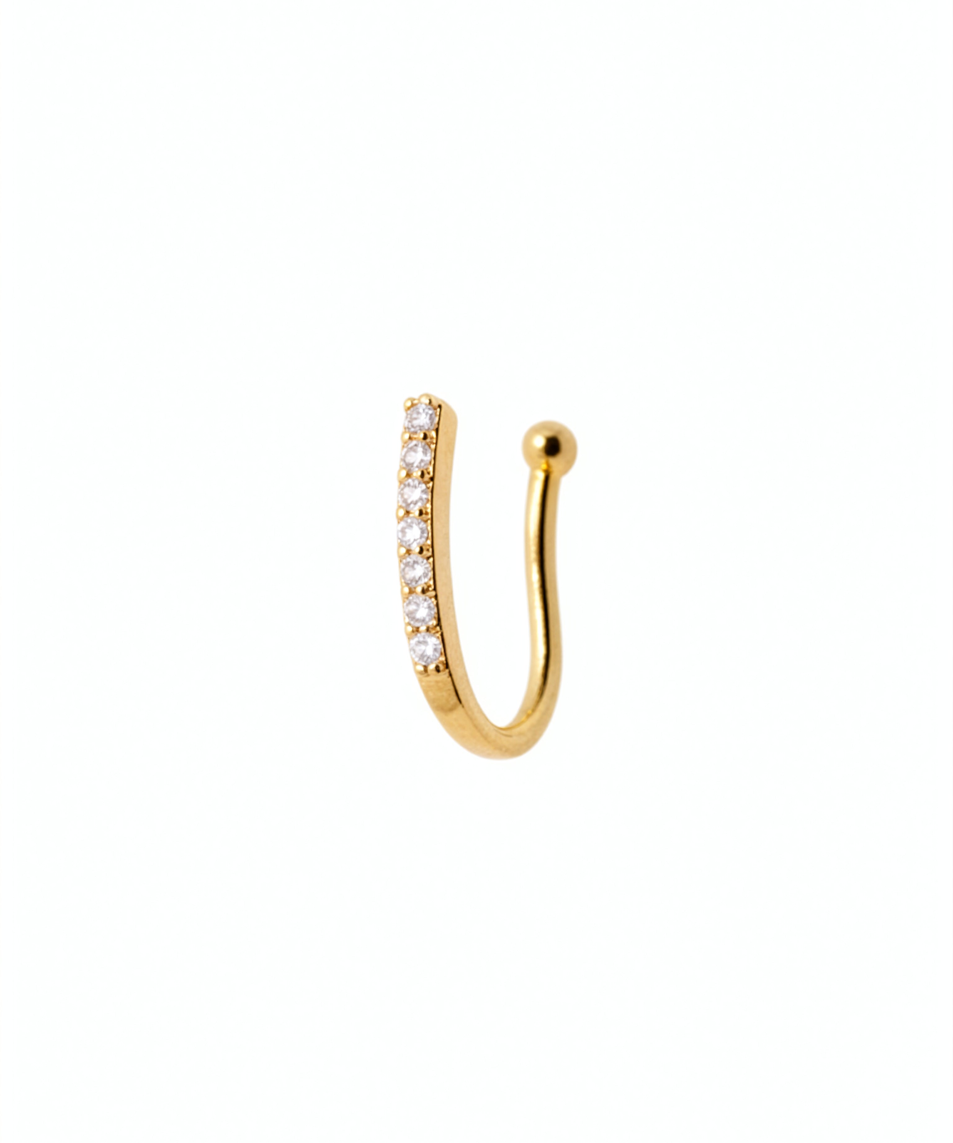 Gold plated faux nose ring with clear cubic zirconia gemstones in a curved clip on design by KIRO UK