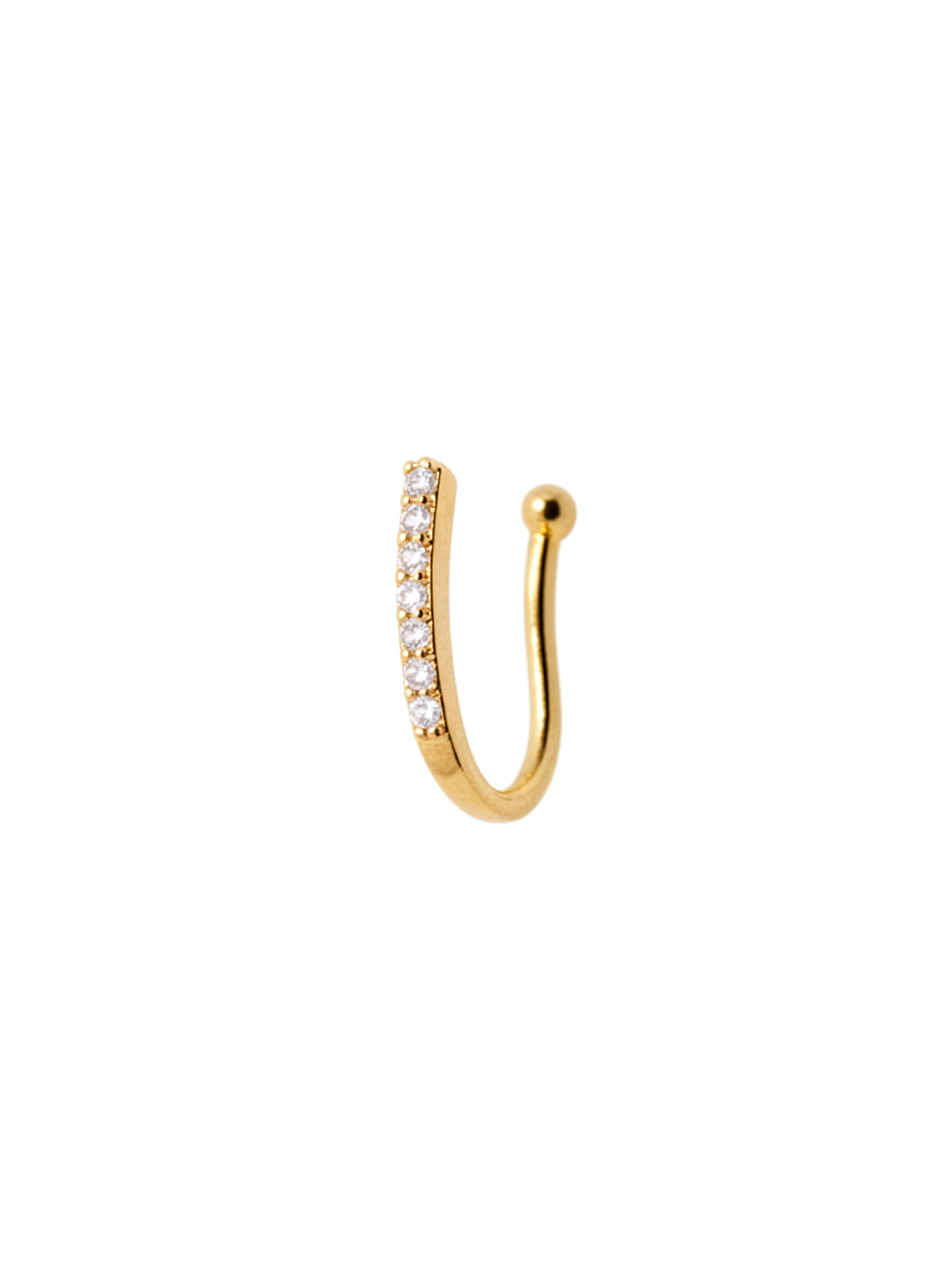 Gold plated faux nose ring with clear cubic zirconia gemstones in a curved clip on design by KIRO UK