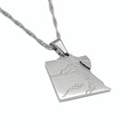 Silver plated Egypt map necklace pendant with Arabic Masr engraving and textured chain by KIRO UK celebrating Egyptian heritage in everyday style