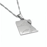 Silver plated Egypt map necklace pendant with Arabic Masr engraving and textured chain by KIRO UK celebrating Egyptian heritage in everyday style