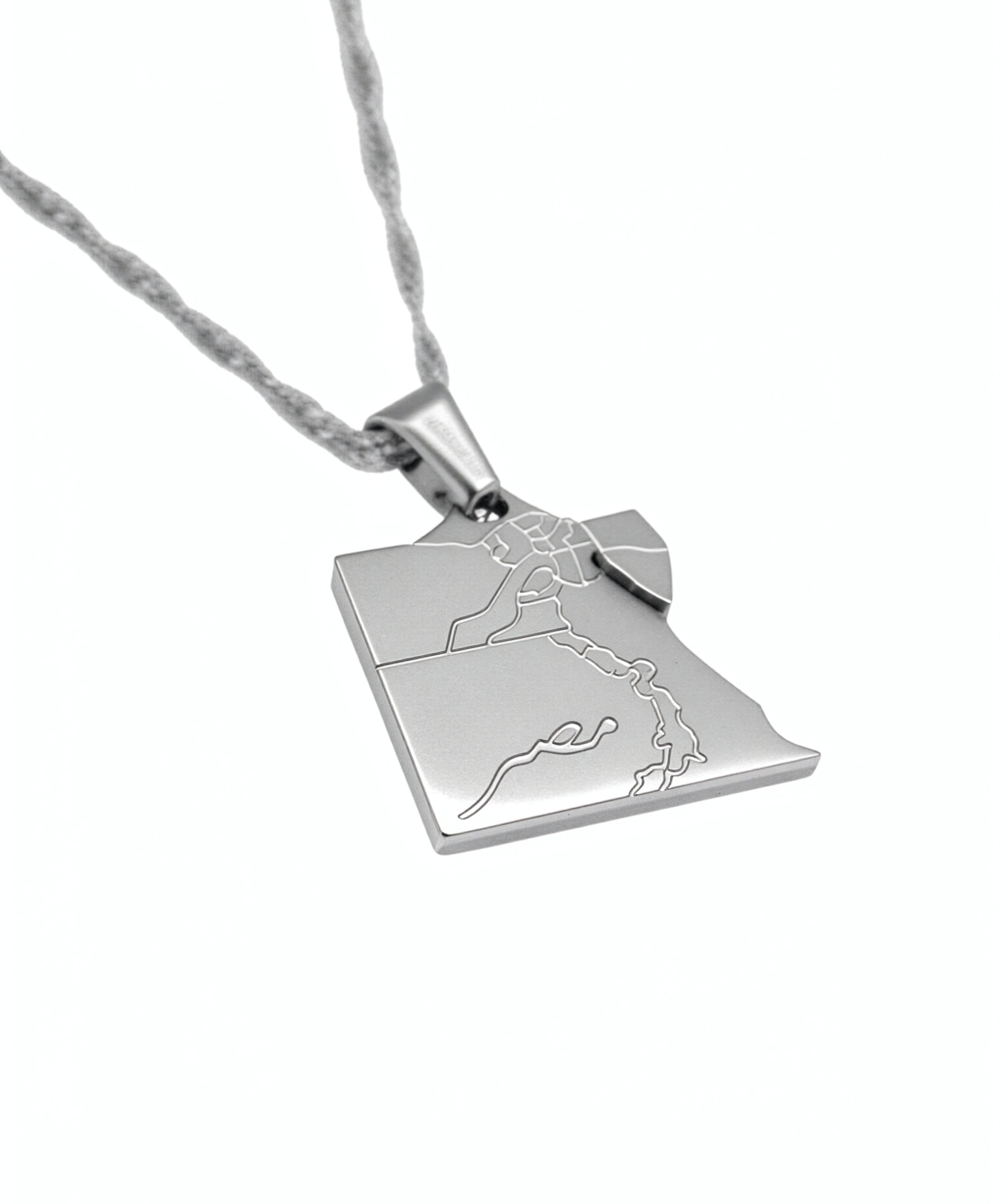 Silver plated Egypt map necklace pendant with Arabic Masr engraving and textured chain by KIRO UK celebrating Egyptian heritage in everyday style