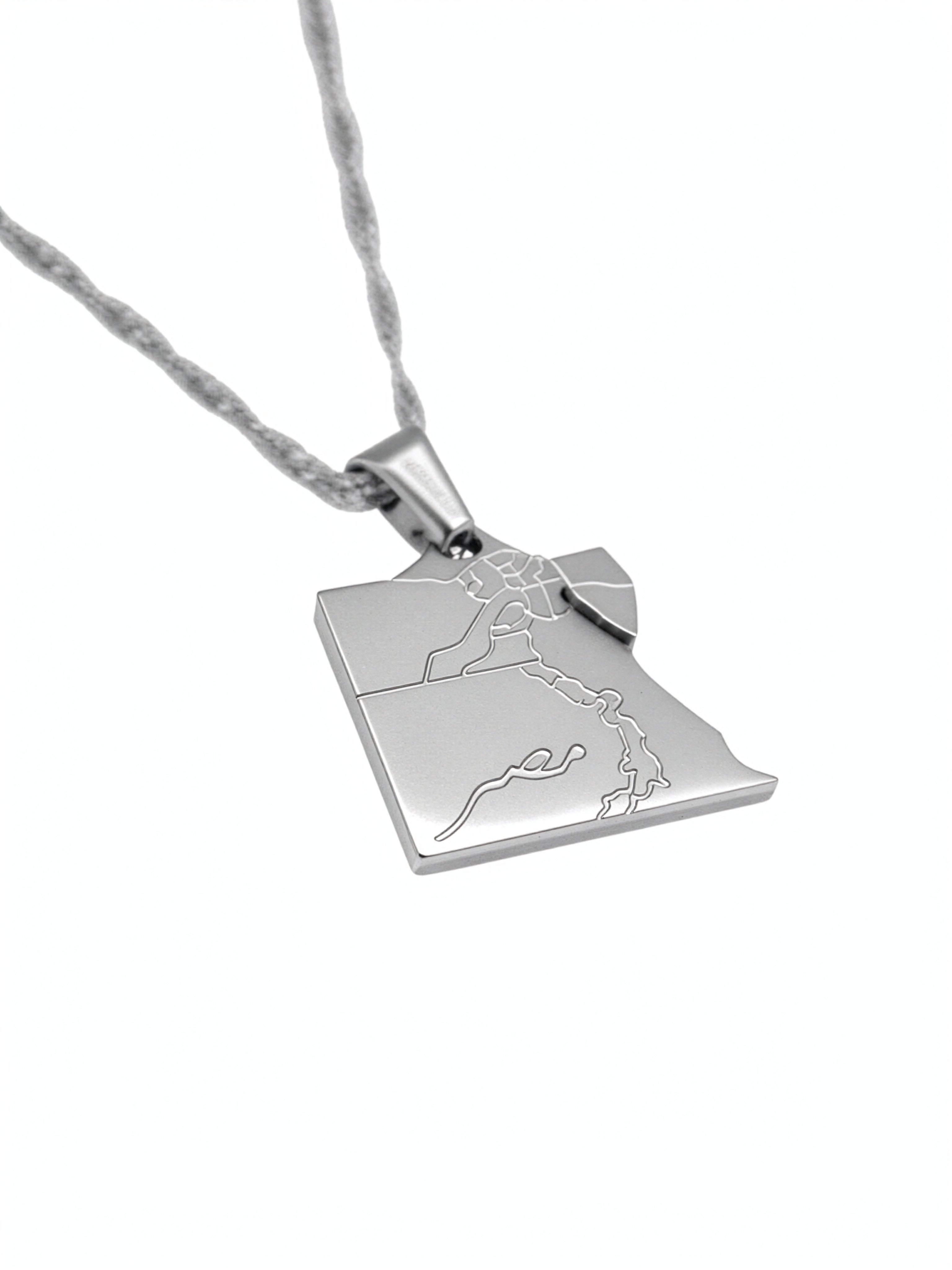 Silver plated Egypt map necklace pendant with Arabic Masr engraving and textured chain by KIRO UK celebrating Egyptian heritage in everyday style