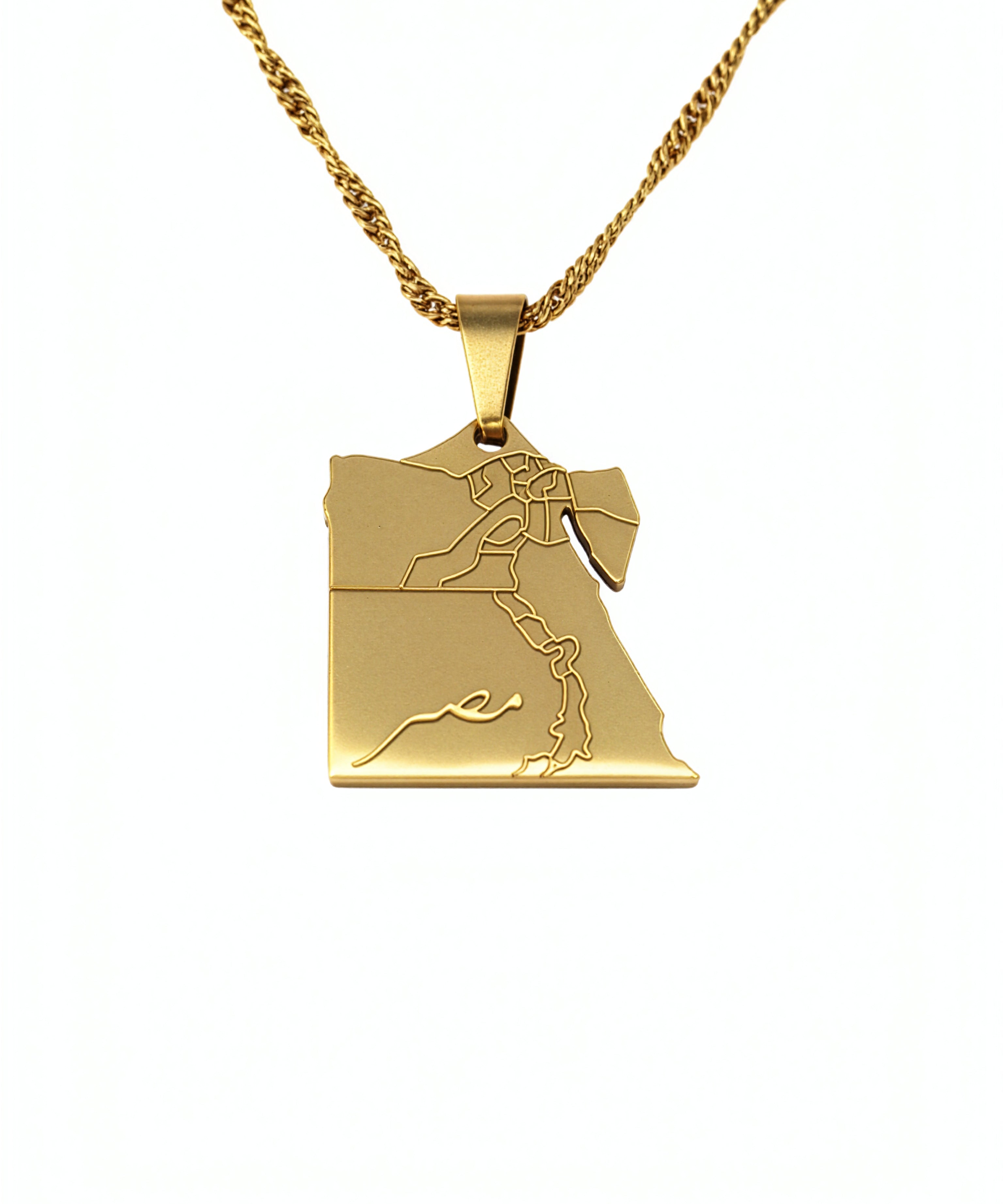 Gold plated Egypt map pendant necklace with Arabic Masr engraving and rope chain by KIRO UK Egyptian Collection