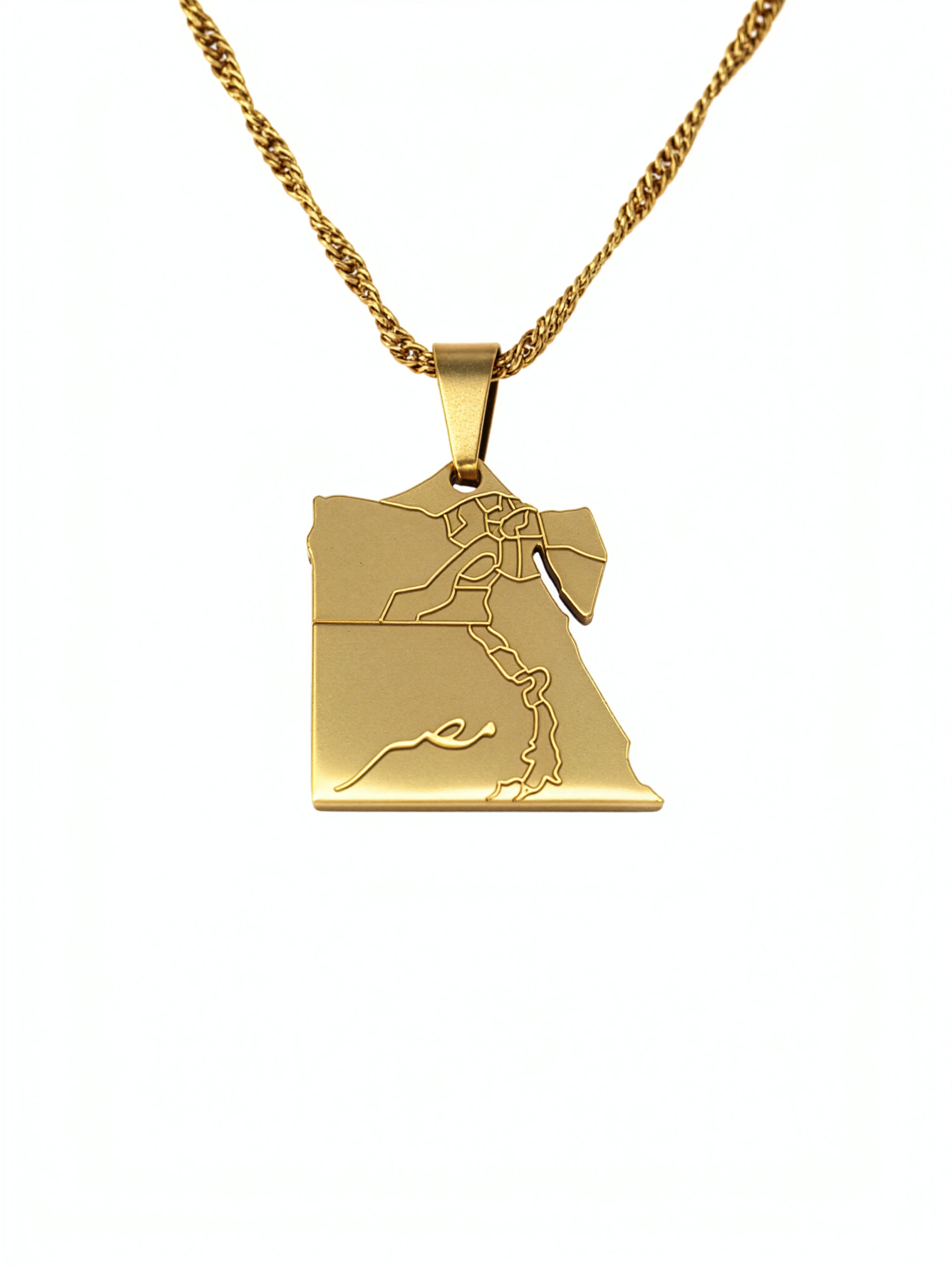 Gold plated Egypt map pendant necklace with Arabic Masr engraving and rope chain by KIRO UK Egyptian Collection