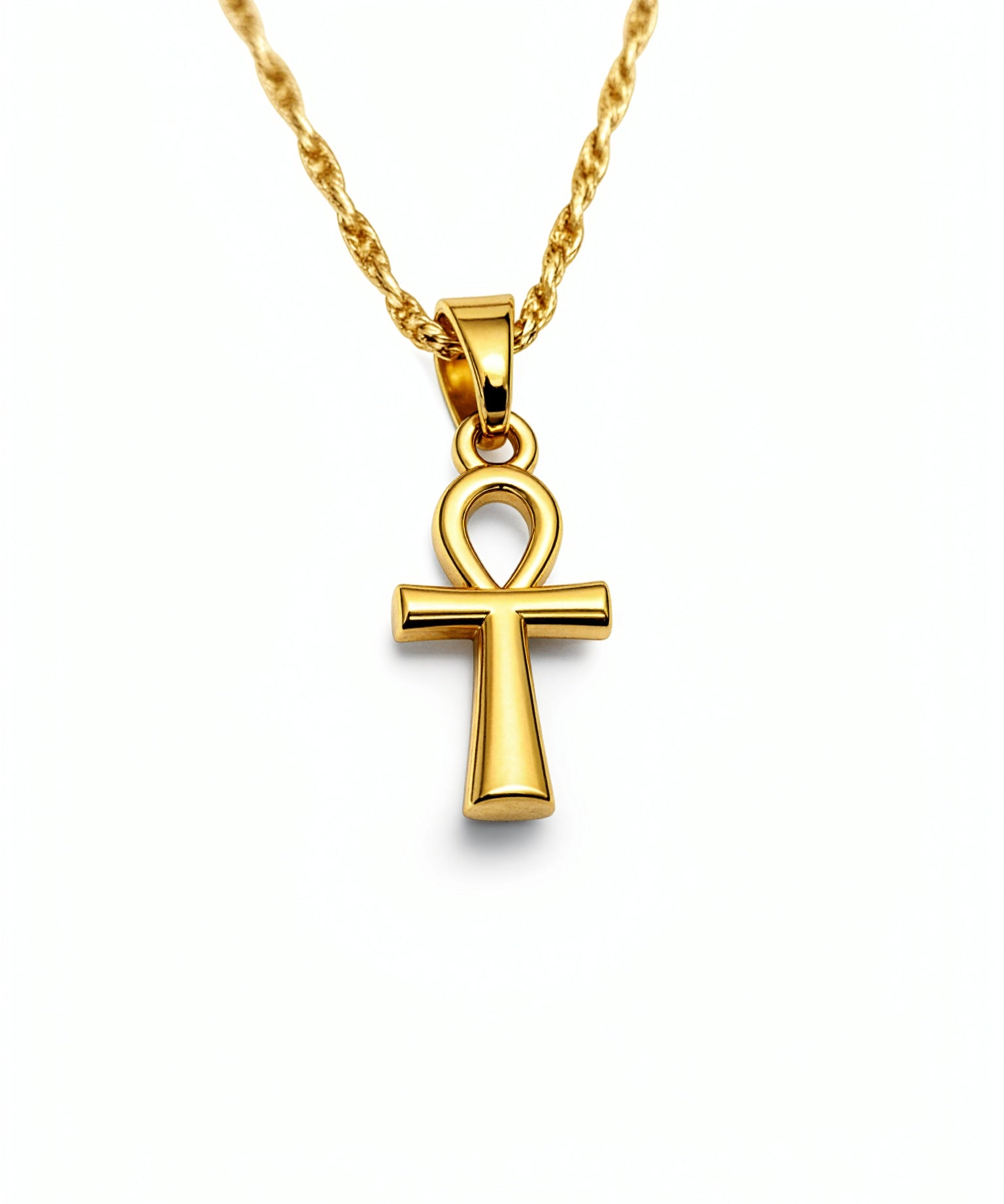 Gold plated Egyptian Ankh pendant necklace on a twisted gold chain by KIRO UK with symbolic styling for everyday wear
