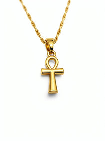 Gold plated Egyptian Ankh pendant necklace on a twisted gold chain by KIRO UK with symbolic styling for everyday wear