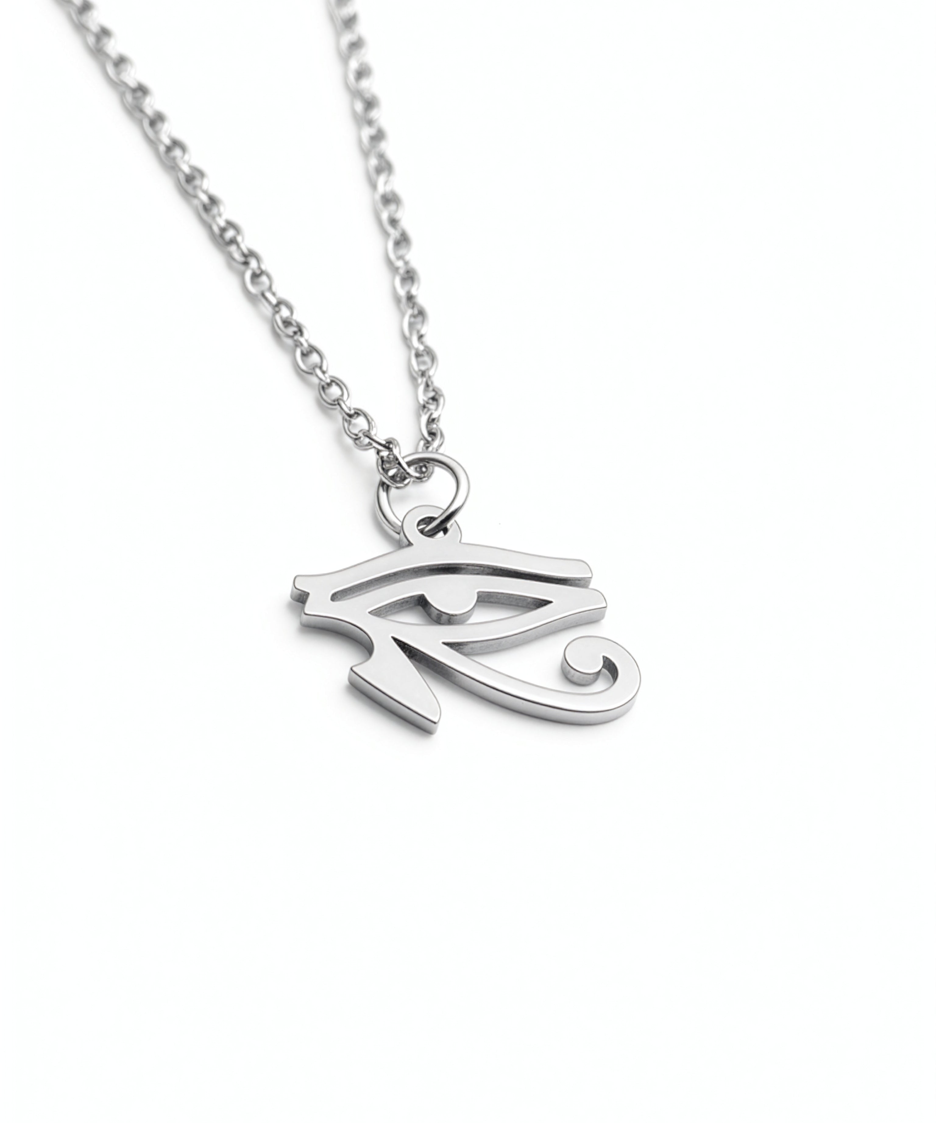Egyptian Eye of Horus pendant necklace on a silver plated chain featuring a symbol of protection by KIRO UK