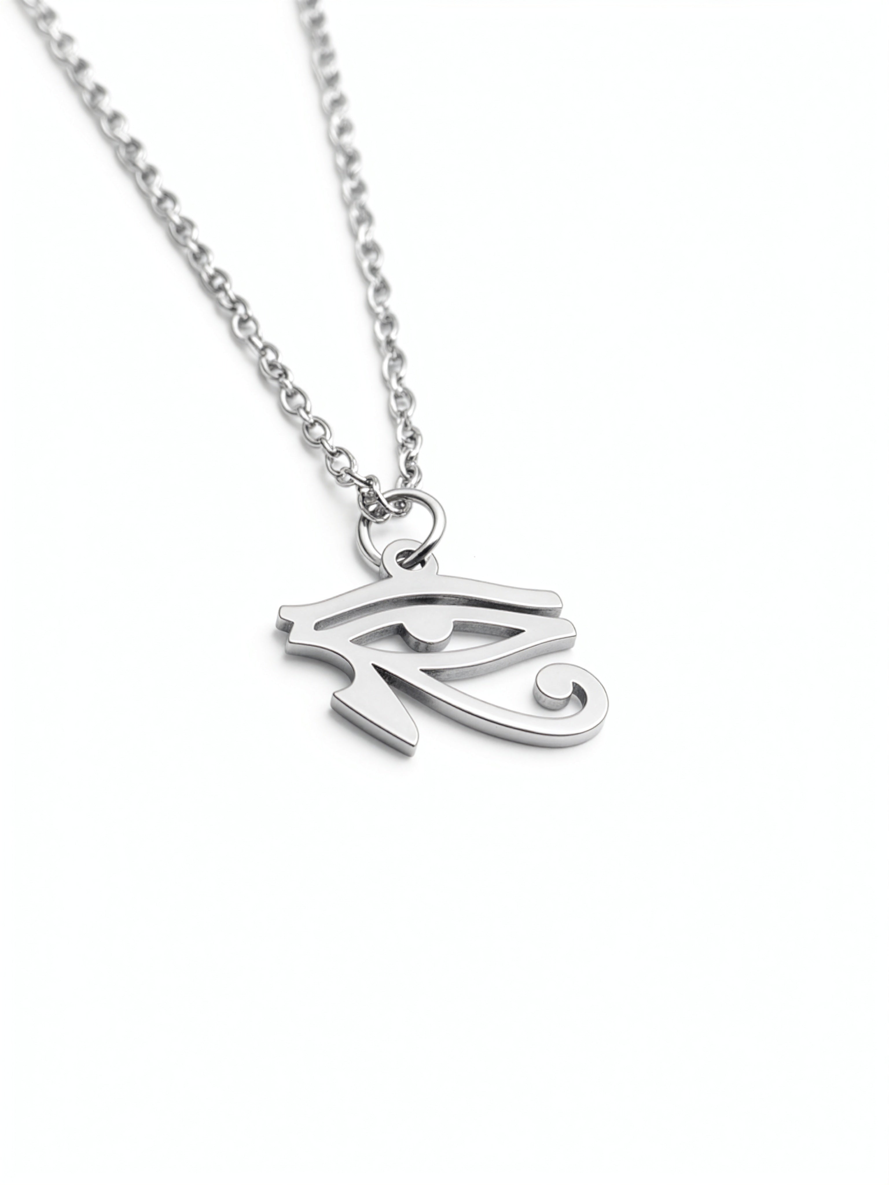 Egyptian Eye of Horus pendant necklace on a silver plated chain featuring a symbol of protection by KIRO UK