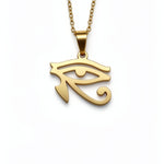 Gold plated Egyptian Eye of Horus pendant necklace by KIRO UK featuring an ancient protection symbol on a linked chain for a distinctive statement look