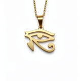 Gold plated Egyptian Eye of Horus pendant necklace by KIRO UK featuring an ancient protection symbol on a linked chain for a distinctive statement look
