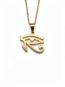 Gold plated Egyptian Eye of Horus pendant necklace by KIRO UK featuring an ancient protection symbol on a linked chain for a distinctive statement look