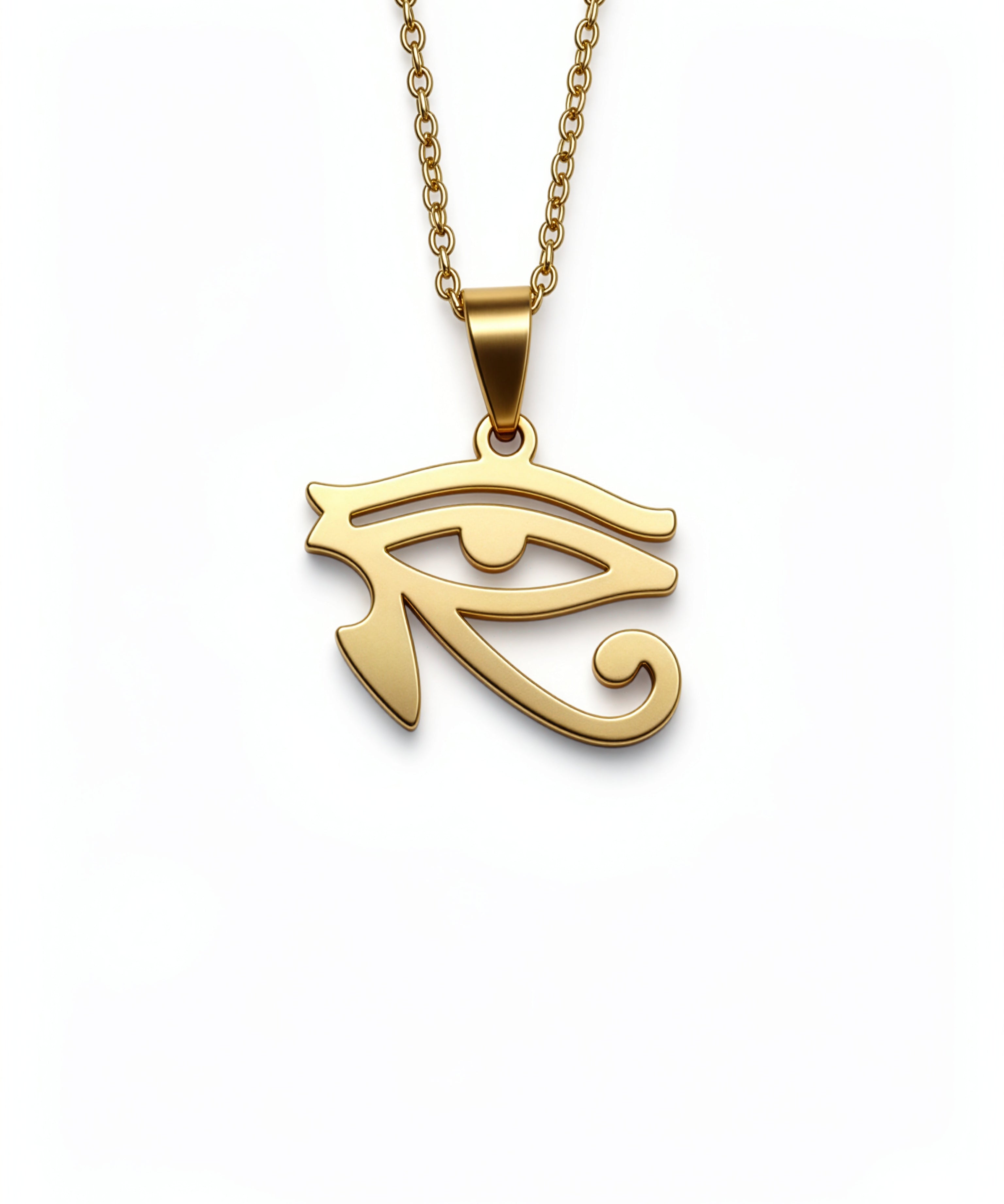 Gold plated Egyptian Eye of Horus pendant necklace by KIRO UK featuring an ancient protection symbol on a linked chain for a distinctive statement look