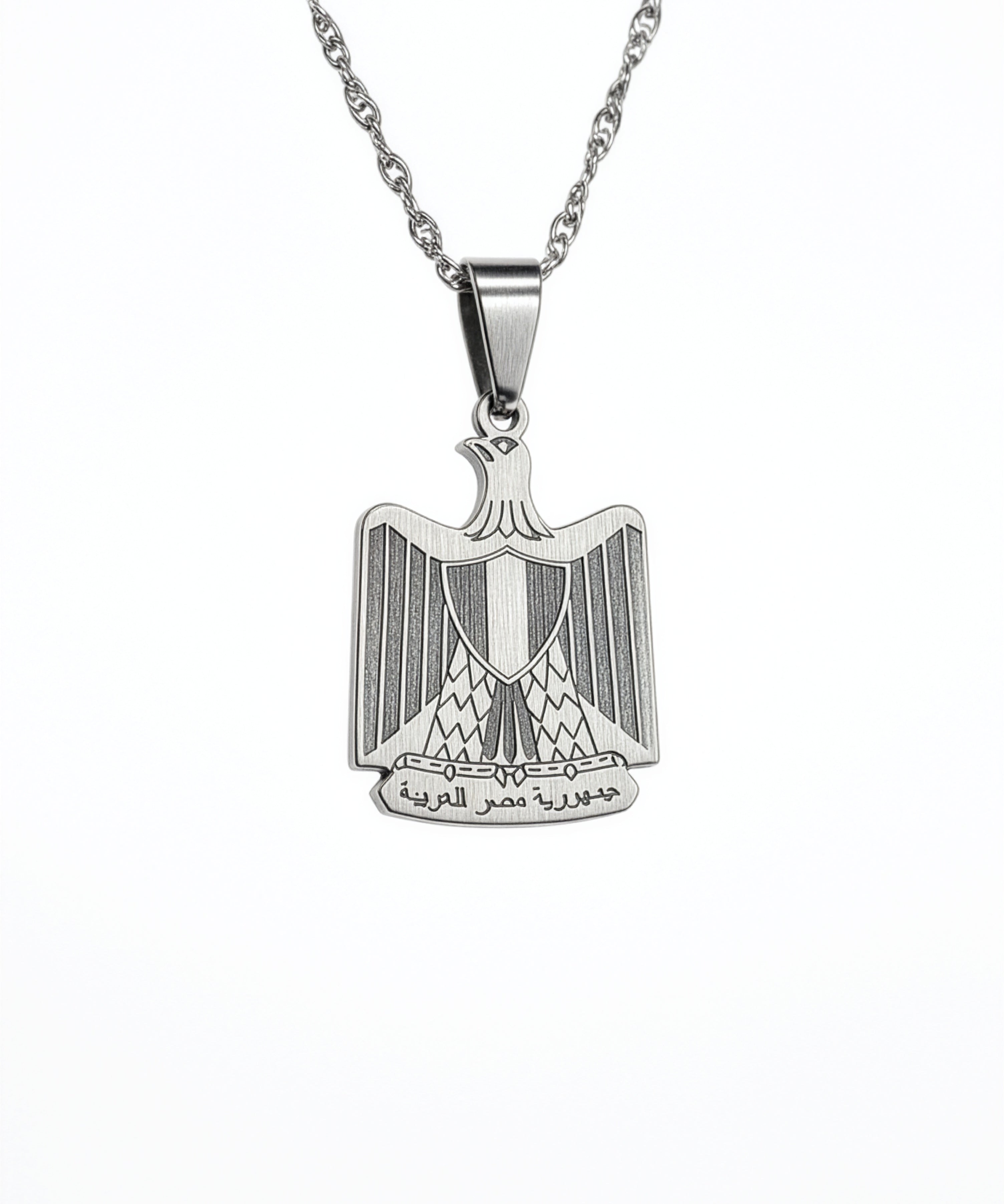 Silver stainless steel necklace with Egyptian eagle pendant and Arabic inscription KIRO UK Egyptian Collection Necklaces