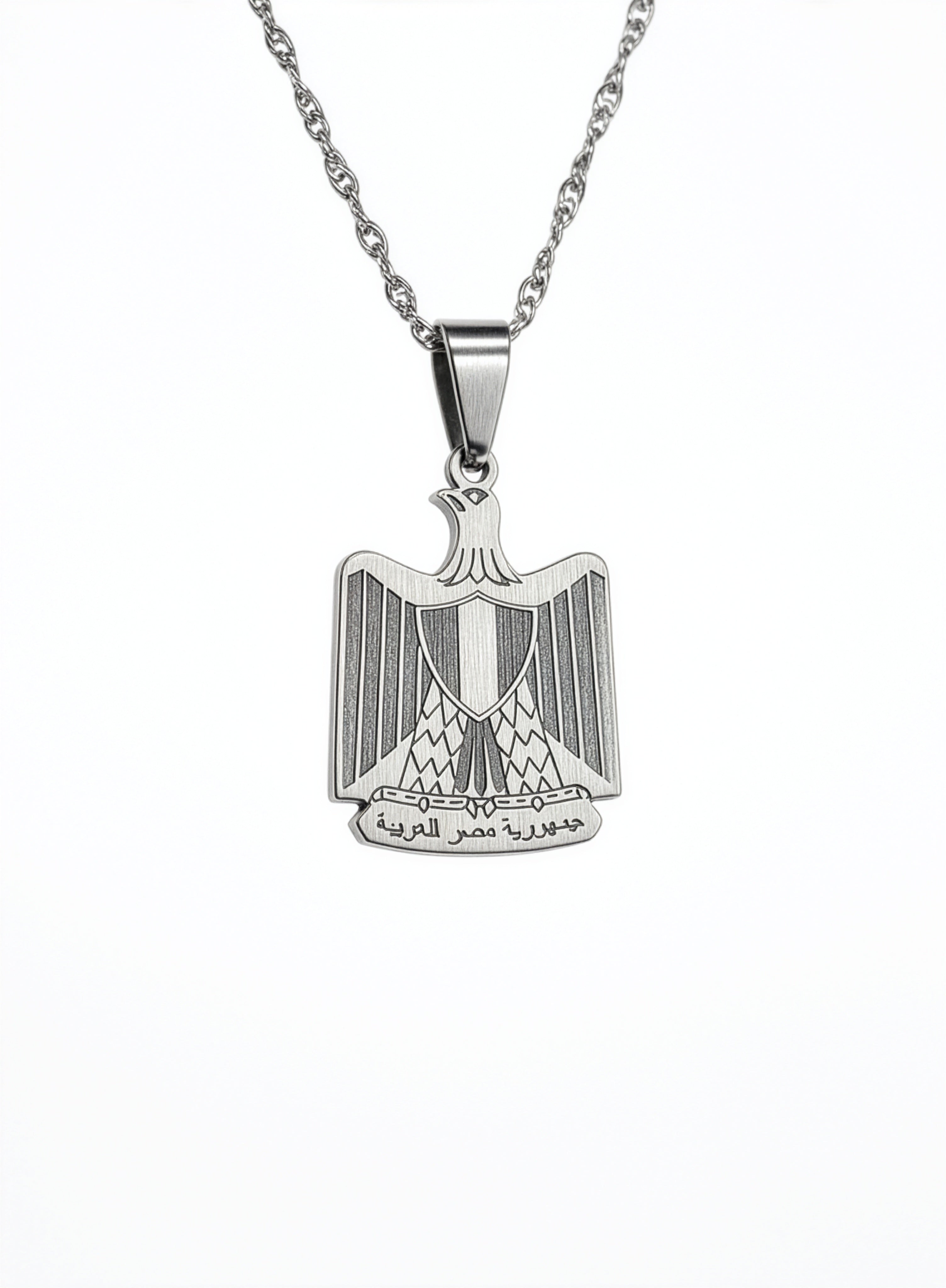 Silver stainless steel necklace with Egyptian eagle pendant and Arabic inscription KIRO UK Egyptian Collection Necklaces