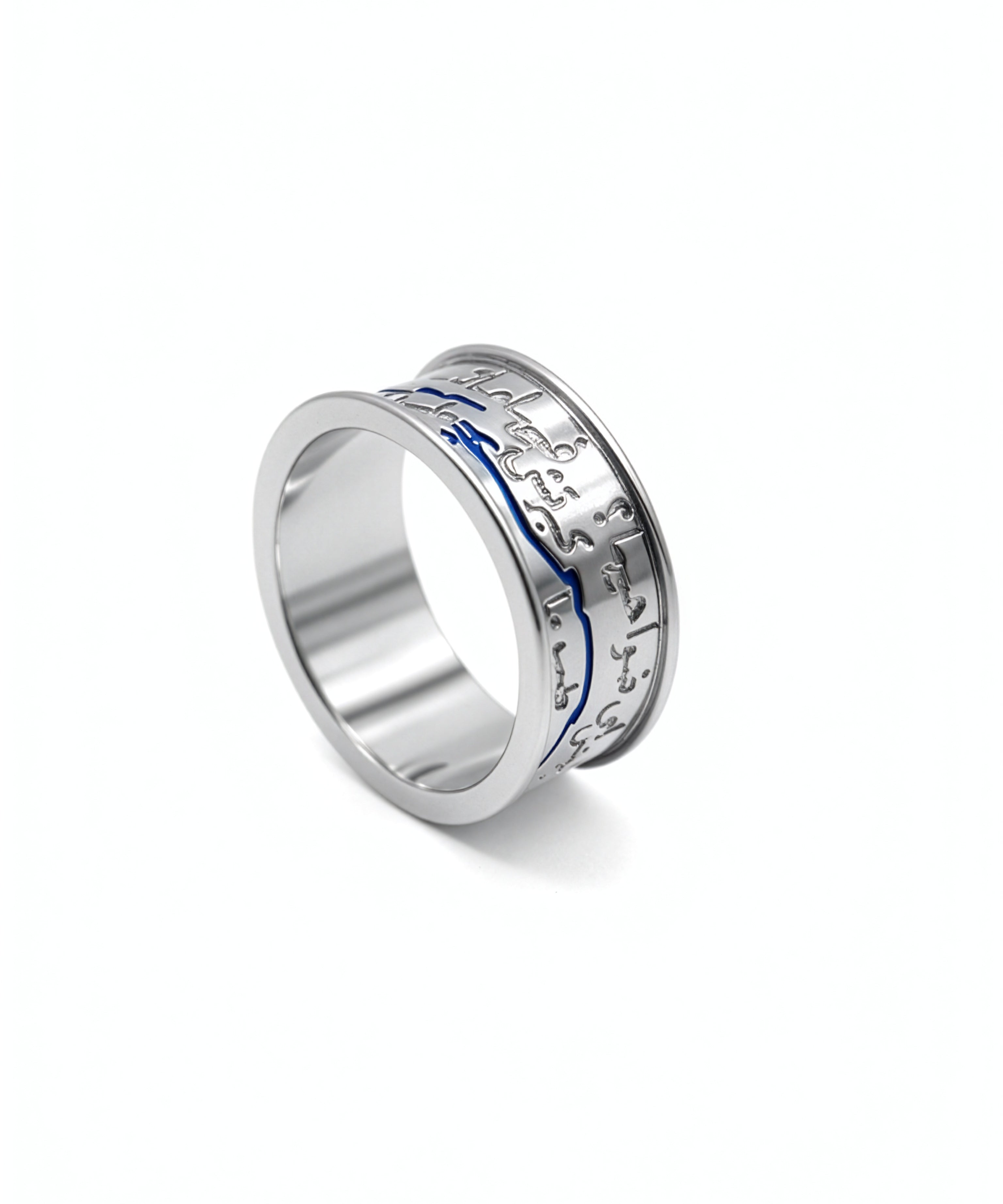 Silver band ring with blue enamel River Nile design and engraved Egyptian lyrics by KIRO UK for everyday wear and cultural celebration
