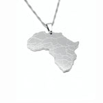Silver plated Africa map necklace with outlined country borders on a chain, representing African heritage and cultural pride by KIRO UK