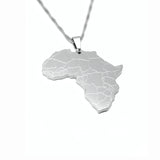 Silver plated Africa map necklace with outlined country borders on a chain, representing African heritage and cultural pride by KIRO UK