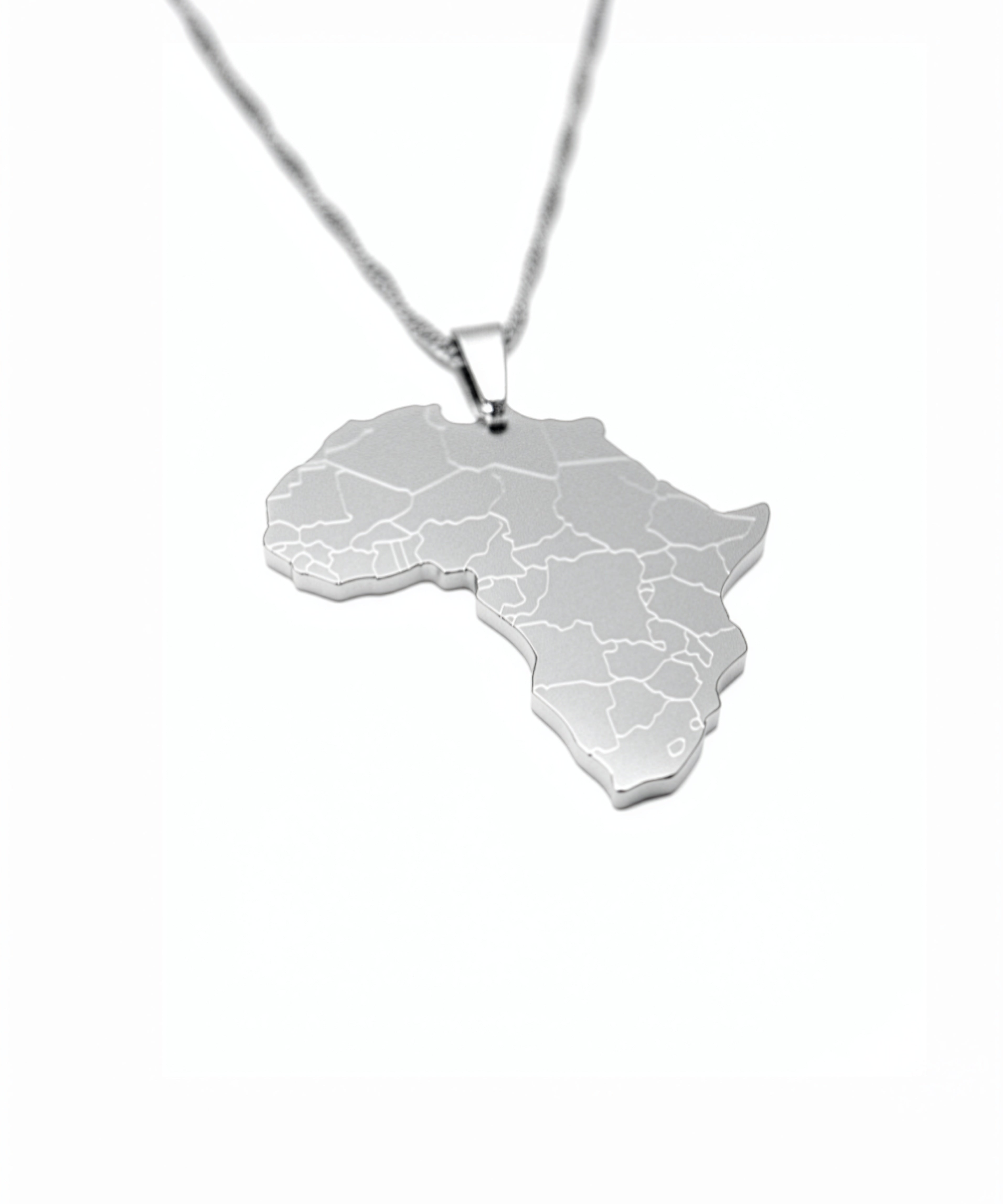 Silver plated Africa map necklace with outlined country borders on a chain, representing African heritage and cultural pride by KIRO UK