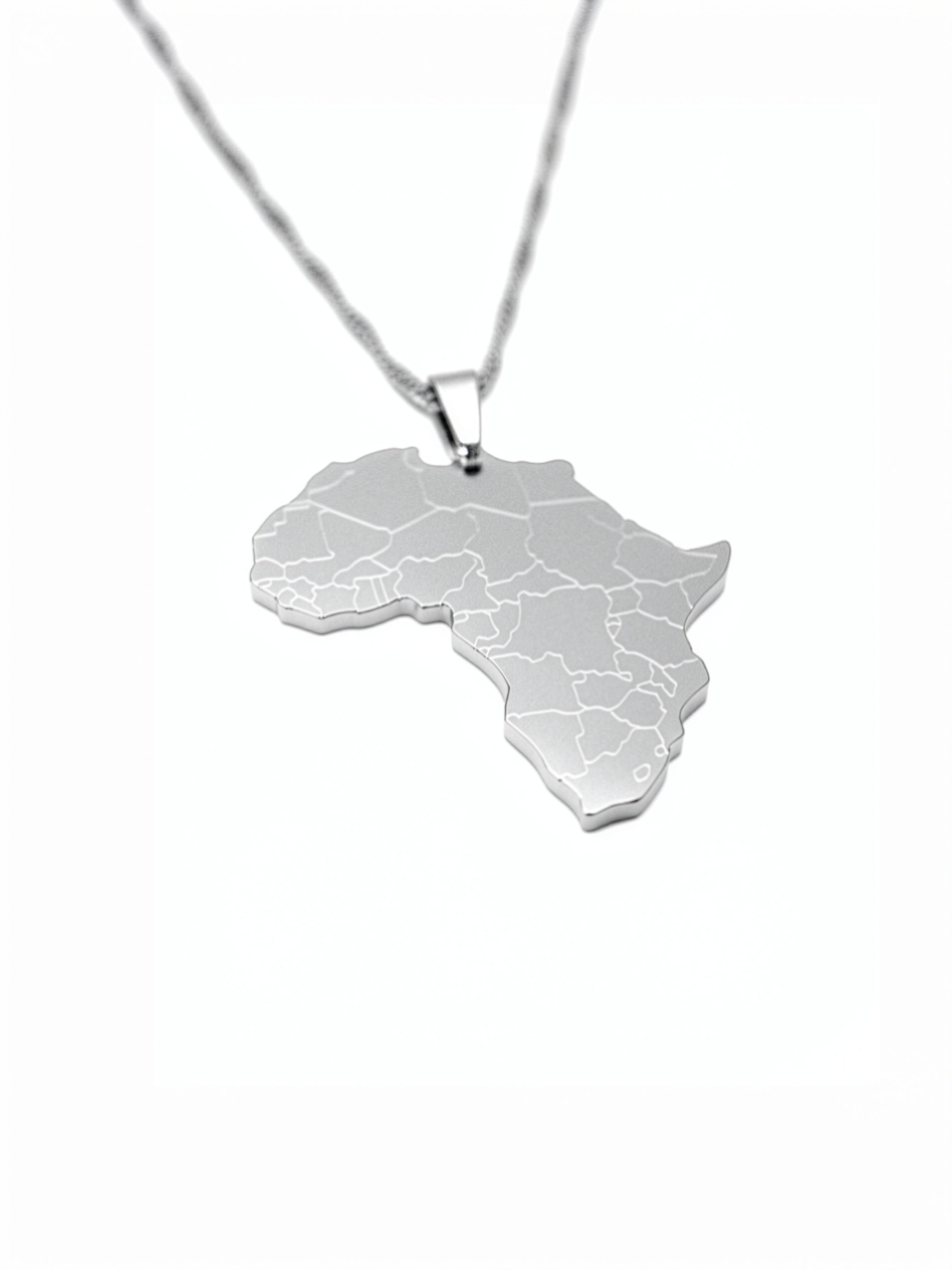 Silver plated Africa map necklace with outlined country borders on a chain, representing African heritage and cultural pride by KIRO UK