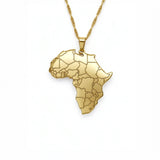 18K gold plated Africa map pendant necklace with outlined countries on a chain against a white background by KIRO UK